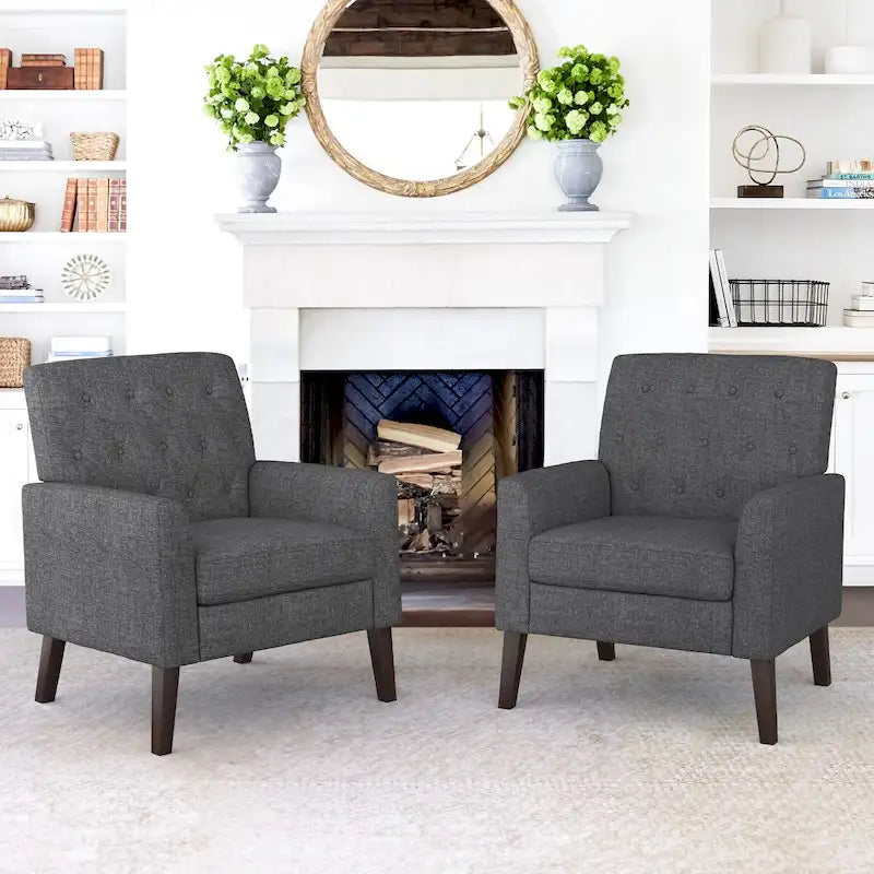 Mid-Century Modern Upholstered Linen Fabric Button Tufted Accent Chair Set of 2 - 28.5 W X 27.25 D X 33.75 H