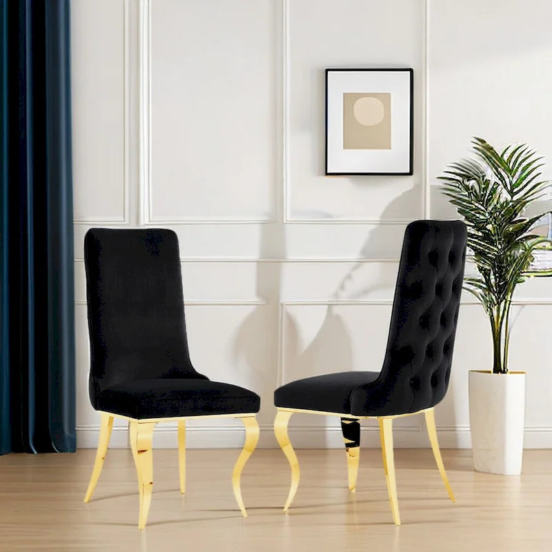 Black Tufted Dining Chairs with Soft Velvet Upholstered and Polished Gold Legs