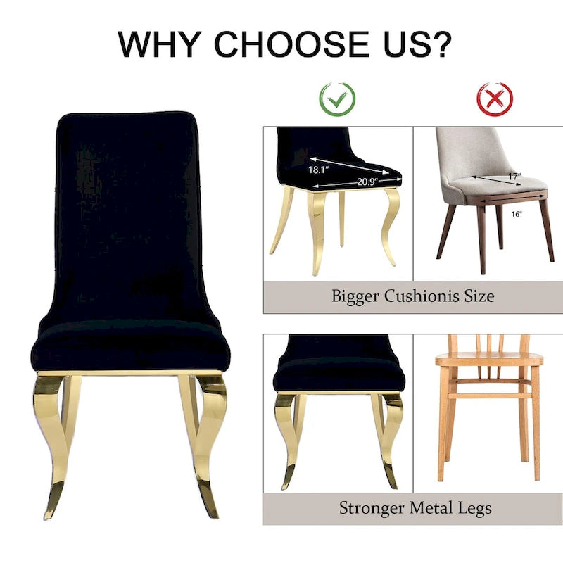 Black Tufted Dining Chairs with Soft Velvet Upholstered and Polished Gold Legs