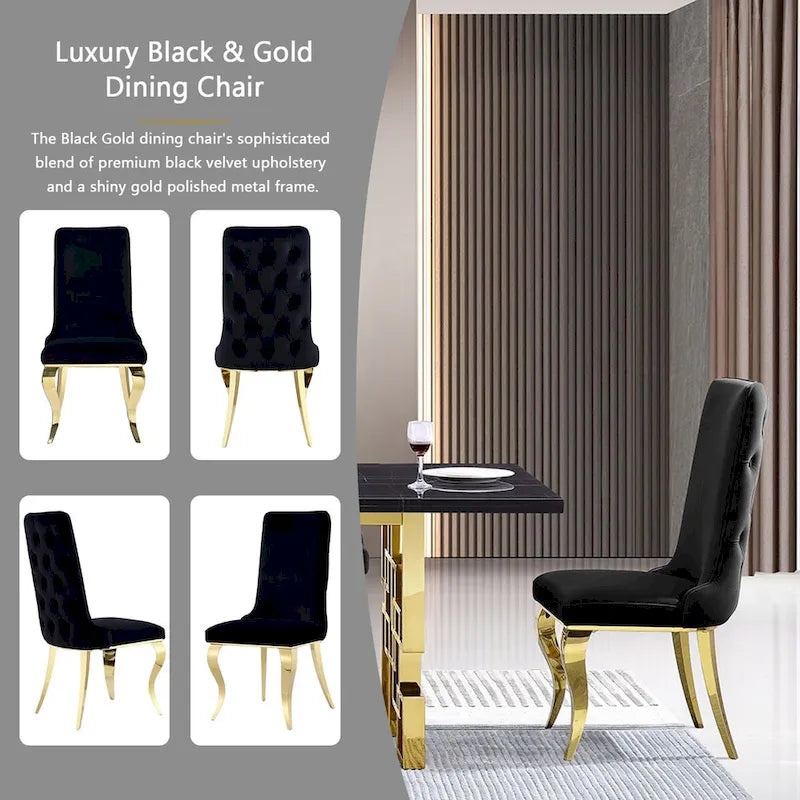 Black Tufted Dining Chairs with Soft Velvet Upholstered and Polished Gold Legs