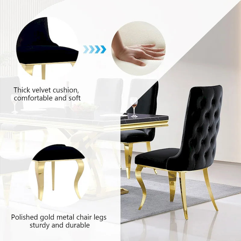 Black Tufted Dining Chairs with Soft Velvet Upholstered and Polished Gold Legs