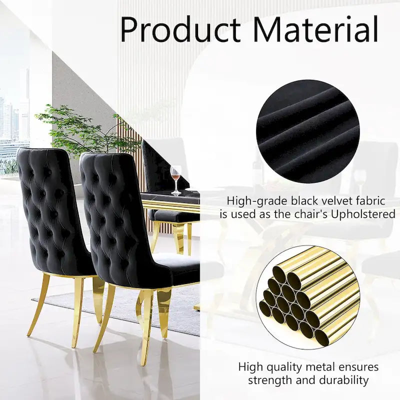 Black Tufted Dining Chairs with Soft Velvet Upholstered and Polished Gold Legs