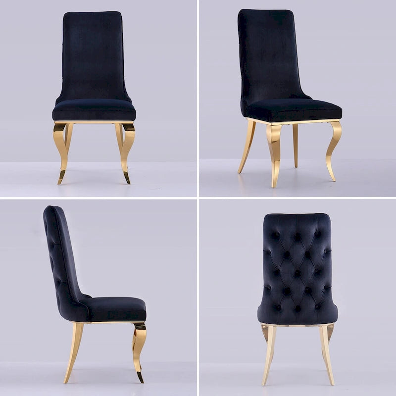 Black Tufted Dining Chairs with Soft Velvet Upholstered and Polished Gold Legs