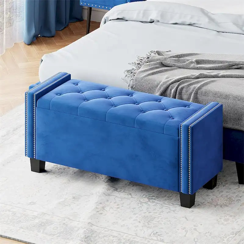 Upholstered Velvet Storage Ottoman Bench with Rivet Design