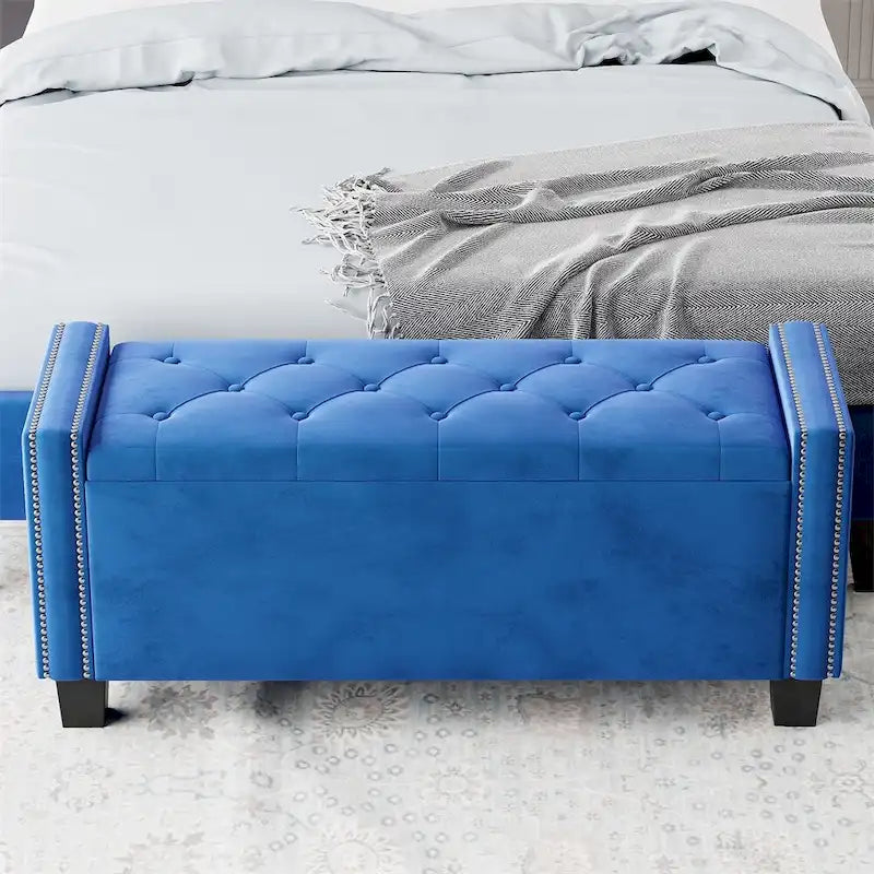 Upholstered Velvet Storage Ottoman Bench with Rivet Design
