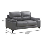 Mica 67 Inch Loveseat, Dark Gray Top Grain and Faux Leather, Metal Legs