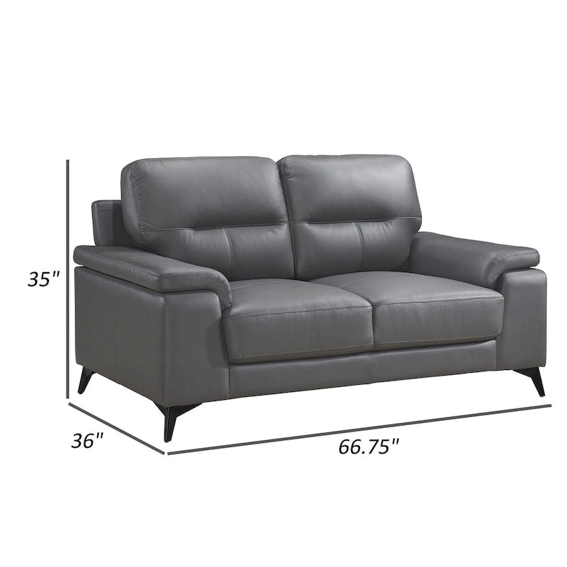Mica 67 Inch Loveseat, Dark Gray Top Grain and Faux Leather, Metal Legs