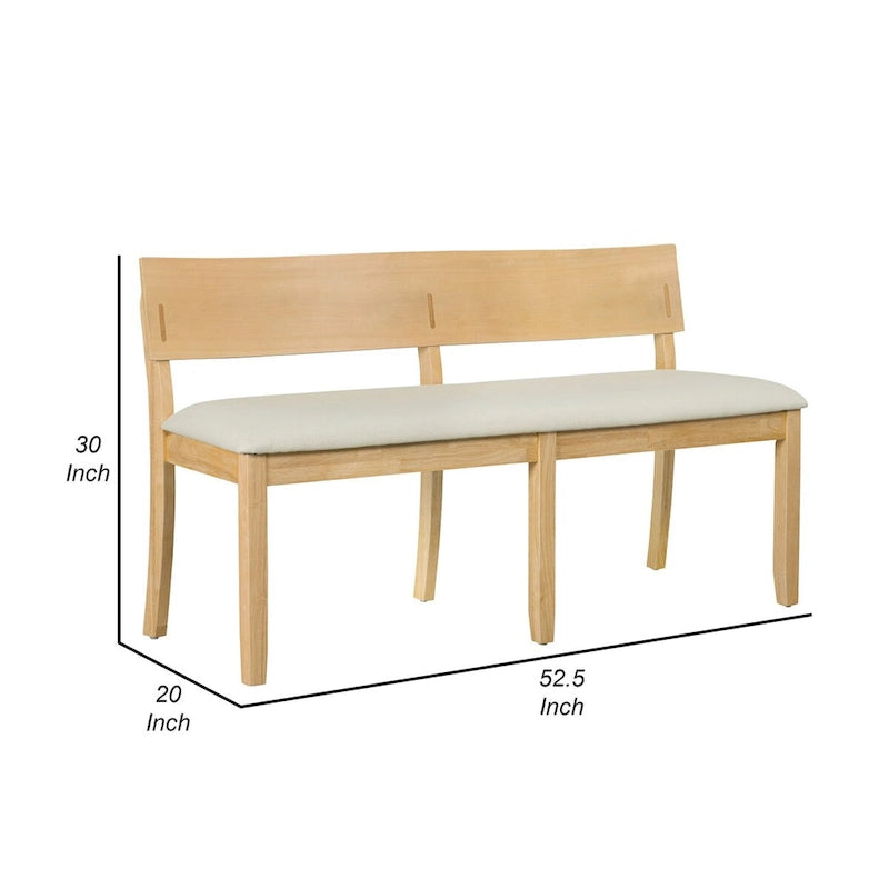 Celi 53 Inch Dining Bench, Cream Fabric Seat, Natural Brown Wood Frame