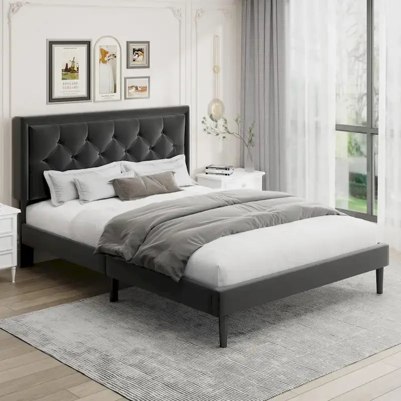 Modern Bed Frame with Velvet Button Tufted Headboard