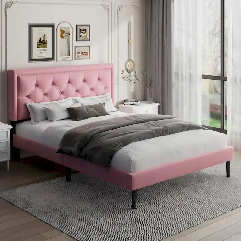 Modern Bed Frame with Velvet Button Tufted Headboard