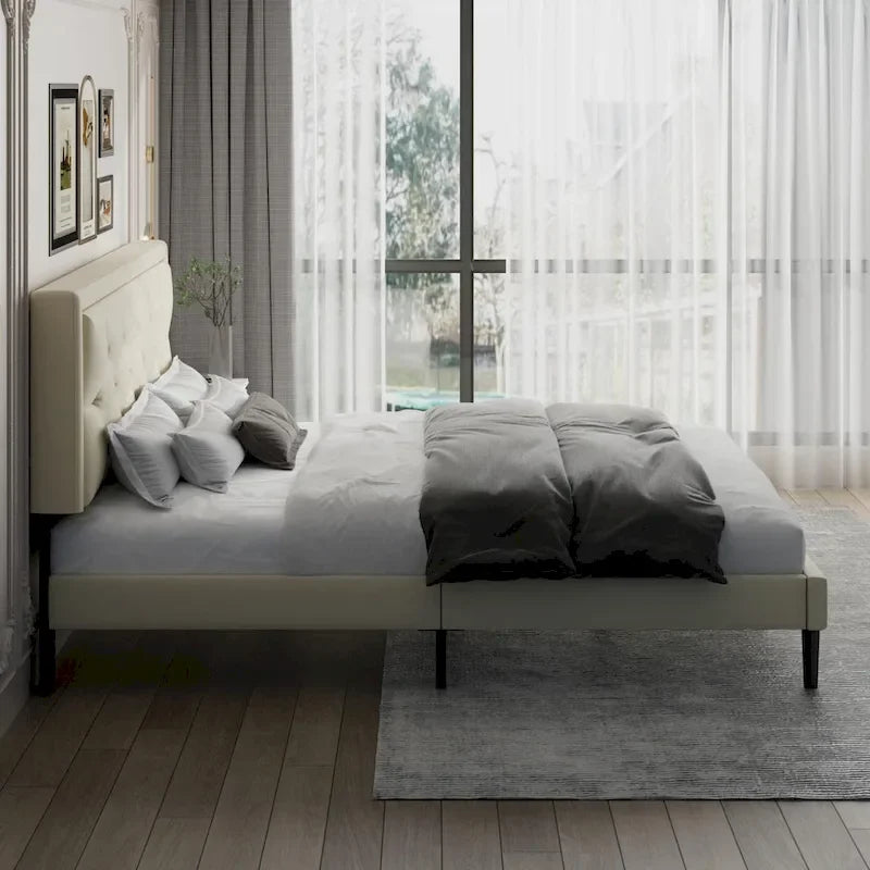 Modern Bed Frame with Velvet Button Tufted Headboard