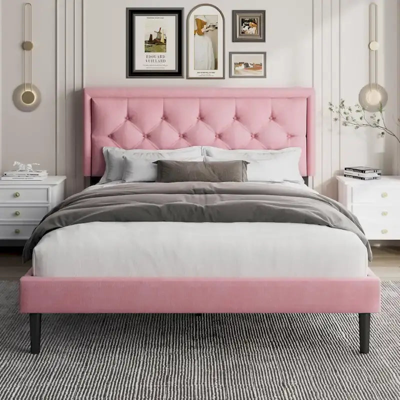 Modern Bed Frame with Velvet Button Tufted Headboard