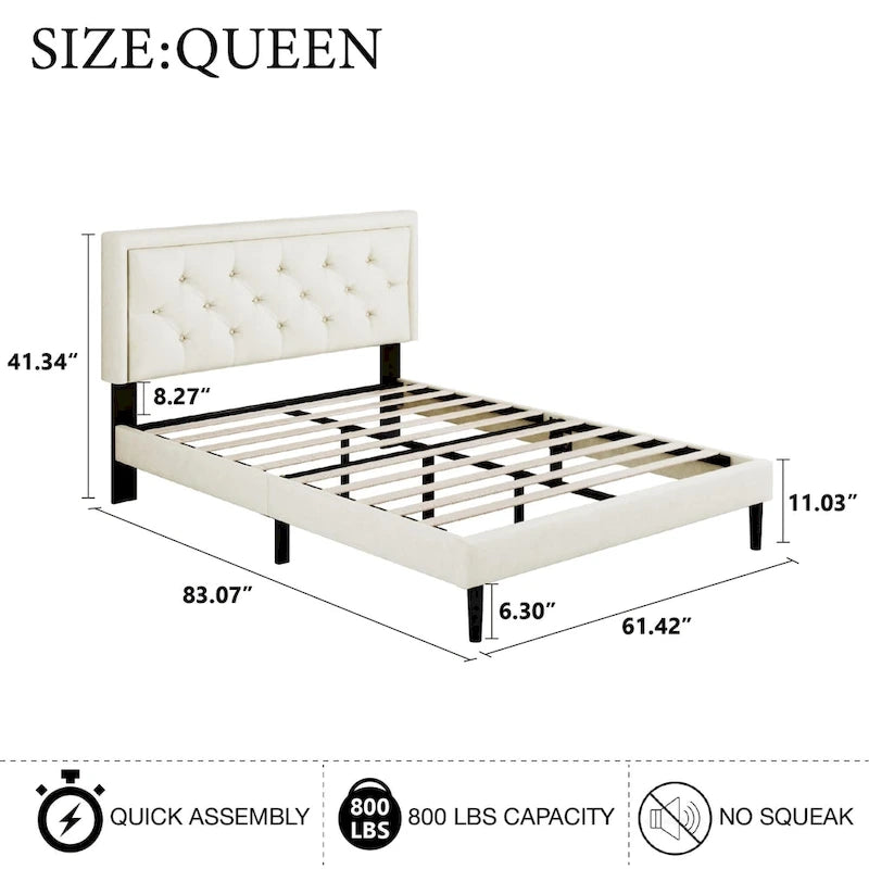 Modern Bed Frame with Velvet Button Tufted Headboard