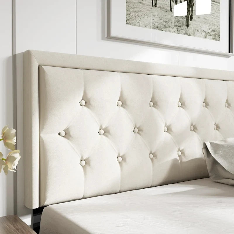 Modern Bed Frame with Velvet Button Tufted Headboard