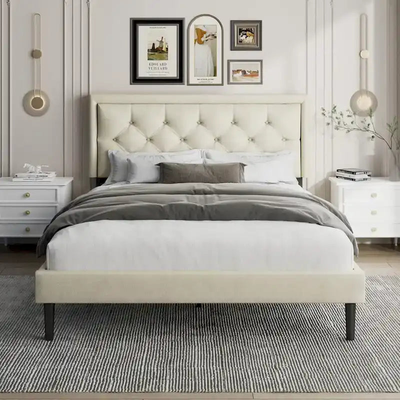 Modern Bed Frame with Velvet Button Tufted Headboard