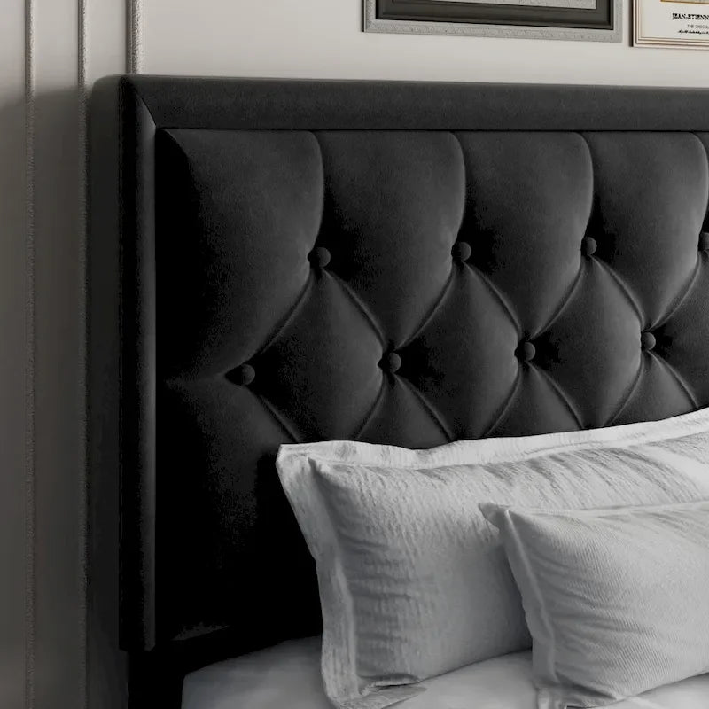 Modern Bed Frame with Velvet Button Tufted Headboard