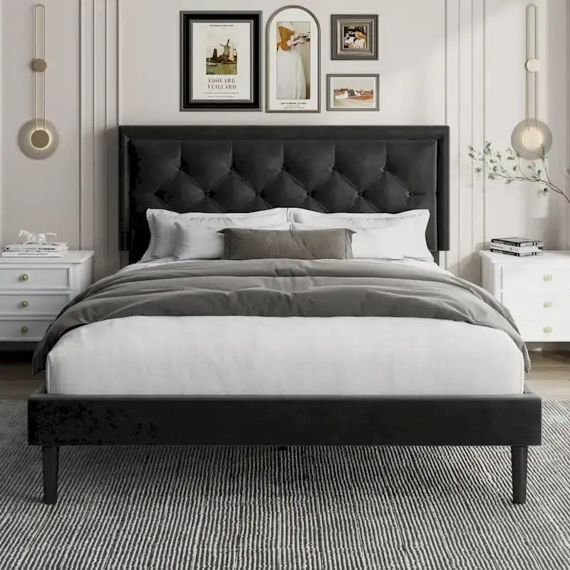 Modern Bed Frame with Velvet Button Tufted Headboard