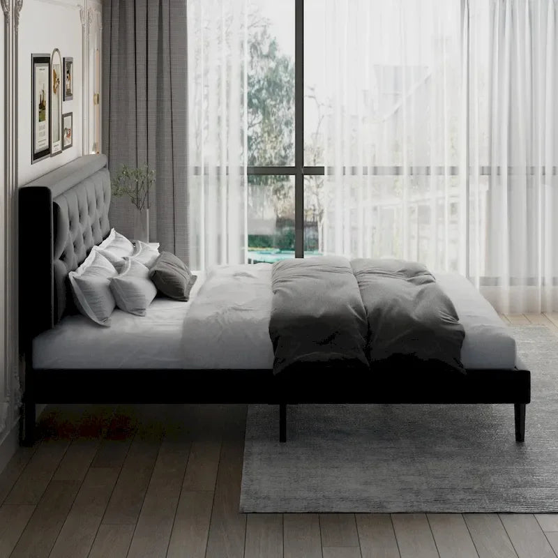 Modern Bed Frame with Velvet Button Tufted Headboard
