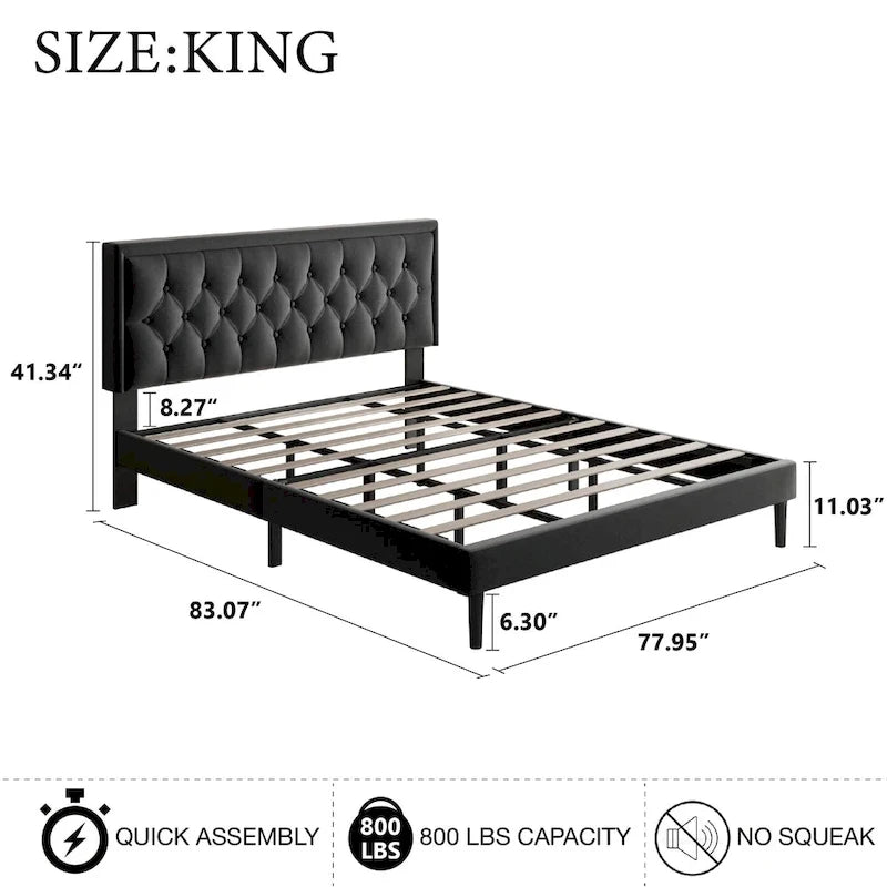 Modern Bed Frame with Velvet Button Tufted Headboard