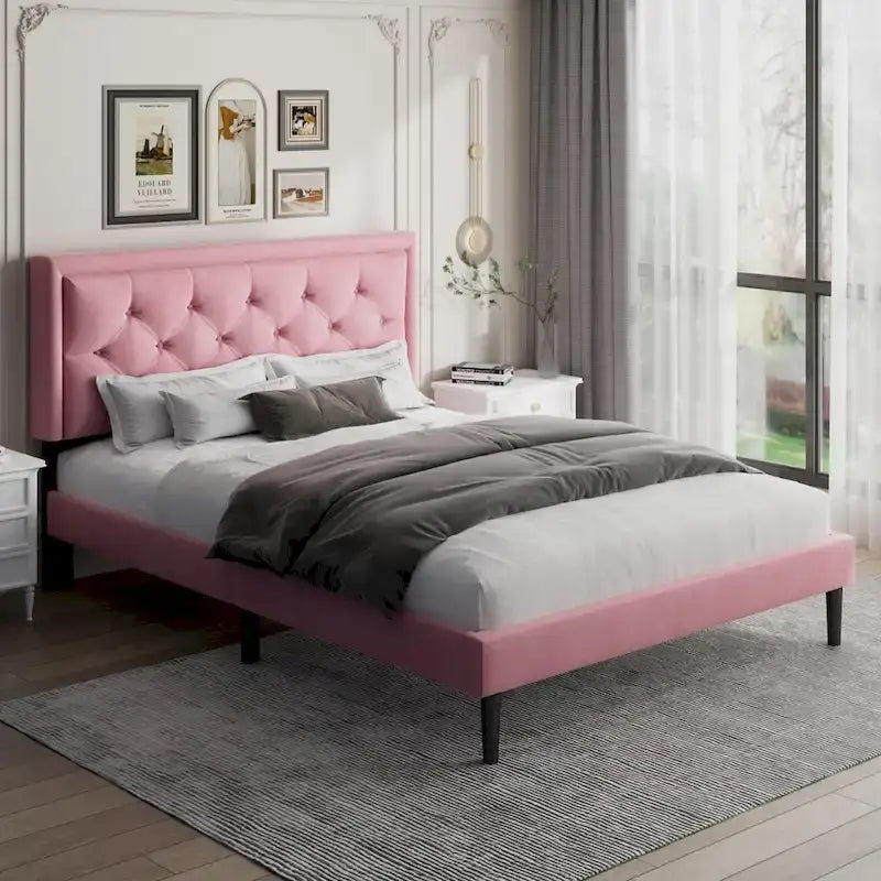 Modern Bed Frame with Velvet Button Tufted Headboard