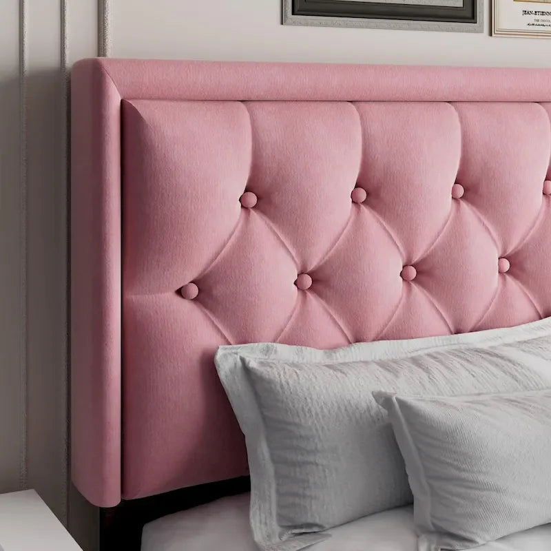 Modern Bed Frame with Velvet Button Tufted Headboard