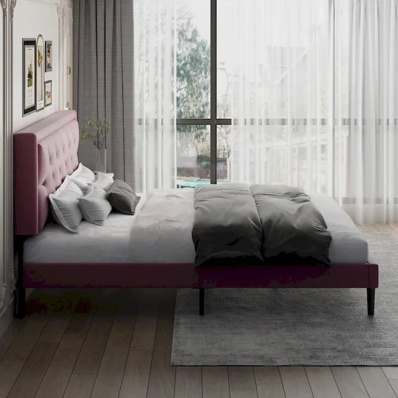 Modern Bed Frame with Velvet Button Tufted Headboard