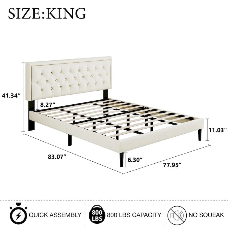 Modern Bed Frame with Velvet Button Tufted Headboard