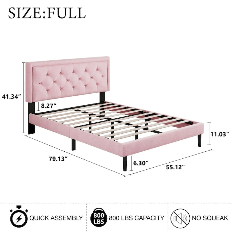 Modern Bed Frame with Velvet Button Tufted Headboard