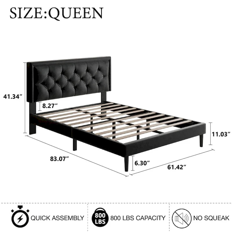 Modern Bed Frame with Velvet Button Tufted Headboard